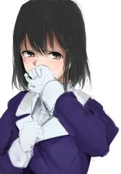 Rule 34 | 1girl, 73suke, absurdres, black hair, brown eyes, commentary request, covering own mouth, gloves, haguro (kancolle), haguro kai ni (kancolle), hand on own chest, highres, kantai collection, military, military uniform, short hair, simple background, solo, tears, uniform, upper body, white background, white gloves, wiping mouth