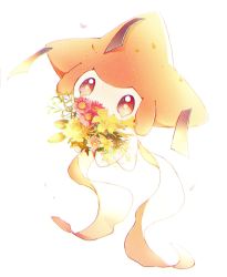 Rule 34 | bad id, bad pixiv id, blurry, bouquet, brown eyes, commentary request, creatures (company), flower, game freak, gen 3 pokemon, highres, holding, holding flower, jirachi, legendary pokemon, mythical pokemon, nao (naaa 195), nintendo, no humans, pink flower, pokemon, pokemon (creature), ribbon, solo, white background, yellow flower