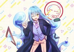 Rule 34 | 1other, blue hair, coat, highres, kotorimyuu, long hair, looking at viewer, one eye closed, open mouth, rimuru tempest, slime (substance), solo, tensei shitara slime datta ken, yellow eyes
