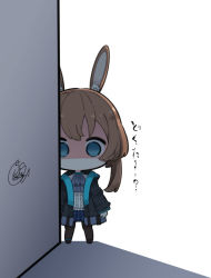 Rule 34 | 1girl, amiya (arknights), animal ear fluff, animal ears, arknights, beni shake, black footwear, black jacket, blue eyes, blue skirt, brown hair, brown pantyhose, center frills, chibi, empty eyes, frills, full body, hood, hood down, hooded jacket, jacket, long hair, looking at viewer, open clothes, open jacket, pantyhose, pleated skirt, rabbit ears, shaded face, shadow, shirt, shoes, signature, skirt, solo, standing, translation request, v-shaped eyebrows, white background, white shirt