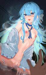 Rule 34 | 1boy, 1girl, blue eyes, blue hair, blue nails, blue ribbon, blush, breasts, cardigan, censored, choker, commentary, cowgirl position, dark-skinned male, dark skin, hair between eyes, hair ribbon, hcz n, hetero, hololive, hoshimachi suisei, hoshimachi suisei (school uniform), lace, lace choker, long hair, looking at viewer, mosaic censoring, naked cardigan, neck ribbon, nipples, official alternate hair length, official alternate hairstyle, open cardigan, open clothes, open mouth, penis, pov, revision, ribbon, sex, sidelocks, small breasts, star (symbol), star in eye, straddling, symbol-only commentary, symbol in eye, virtual youtuber