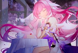Rule 34 | absurdres, annnnq, bare shoulders, birthday, cake, closed eyes, cup, elysia (herrscher of human:ego) (honkai impact), elysia (honkai impact), food, fruit, gloves, hand on own chin, heart, highres, holding, holding cup, honkai (series), honkai impact 3rd, long hair, night, outdoors, pink hair, pointy ears, sitting, smile, strawberry, table, teapot, white gloves, white headwear