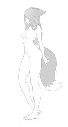 Rule 34 | 1girl, animal ears, barefoot, breasts, cheshirrr, closed mouth, completely nude, contrapposto, covered eyes, ears down, fox ears, fox tail, from side, full body, highres, long hair, nipples, nude, original, perky breasts, profile, simple background, small breasts, solo, tail, toes, white background