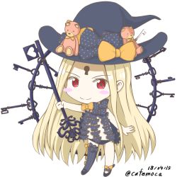 Rule 34 | 1girl, abigail williams (fate), abigail williams (second ascension) (fate), asymmetrical legwear, black bow, black footwear, black hat, black panties, black thighhighs, blonde hair, blush stickers, bow, chibi, closed mouth, commentary request, dated, fate/grand order, fate (series), hat, hat bow, heart, holding, holding key, kafemoca, key, keyhole, long hair, looking at viewer, orange bow, panties, parted bangs, red eyes, revealing clothes, simple background, single thighhigh, smile, solo, standing, stuffed animal, stuffed toy, teddy bear, thighhighs, topless, twitter username, underwear, uneven legwear, very long hair, white background, witch hat