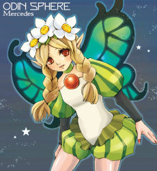 Rule 34 | 1girl, bad id, bad pixiv id, blonde hair, braid, butterfly wings, character name, choker, copyright name, flower, hair flower, hair ornament, insect wings, long hair, mercedes (odin sphere), odin sphere, pointy ears, puff and slash sleeves, puffy shorts, puffy sleeves, red eyes, shorts, solo, star (symbol), twin braids, wings, yuuon kukku, yuuoto kukku