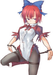 Rule 34 | 1girl, blush stickers, boots, bow, breasts, chain, covered erect nipples, cuffs, hair bow, highres, leg up, pantyhose, puffy short sleeves, puffy sleeves, red eyes, red hair, red ribbon, ribbon, sekibanki, short hair, short sleeves, simple background, sketch, small breasts, solo, spirytus tarou, standing, standing on one leg, thighband pantyhose, touhou, white background
