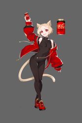 Rule 34 | 1girl, absurdres, animal ears, arm up, blonde hair, bodysuit, breasts, can, cat ears, cat tail, coca-cola, covered navel, deel (rkeg), grey background, highres, holding, holding can, jacket, looking at viewer, medium breasts, off shoulder, open clothes, open jacket, open mouth, original, personification, red eyes, short hair, solo, tail