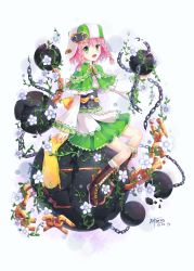 Rule 34 | 1girl, :d, ball and chain (weapon), boots, braid, capelet, chain, dated, flower, green eyes, hat, highres, knee boots, open mouth, original, pink hair, plant, short hair, signature, skirt, smile, solo, terras, twin braids, vines