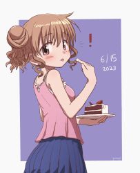 Rule 34 | !, 1girl, 2023, absurdres, artist name, birthday cake, blush, breasts, cake, dated, food, hair bun, hidamari sketch, highres, hiro (hidamari sketch), holding, holding plate, icing, looking at viewer, medium breasts, medium hair, plate, red eyes, red hair, skirt, solo, standing, tongue, tongue out, yunoppi