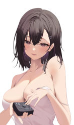 Rule 34 | 1girl, absurdres, bare arms, bare shoulders, black hair, breasts, camisole, cleavage, collarbone, fang, hair ornament, hairclip, highres, ju-ok, large breasts, looking at viewer, medium hair, no bra, open mouth, original, purple eyes, shirt, simple background, skindentation, sleeveless, sleeveless shirt, smile, solo, spaghetti strap, strap slip, tourbox, upper body, white background, white shirt
