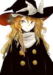 Rule 34 | 1girl, black cloak, black hat, blonde hair, bow, braid, buttons, cloak, colored skin, double-breasted, green eyes, hair ribbon, hat, hat bow, kirisame marisa, long hair, looking at viewer, necro (nekurodayo), ribbon, scarf, side braid, simple background, solo, touhou, white background, white bow, white ribbon, white scarf, white skin, witch hat