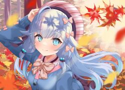 Rule 34 | 1girl, ahoge, arm up, autumn, autumn leaves, beads, blue eyes, blue hair, blue jacket, bow, charlotte suzu, collared shirt, commentary request, hair beads, hair bow, hair ornament, hand on headwear, highres, jacket, leaf, light blue hair, light blush, long hair, long sleeves, looking at viewer, maple leaf, pink bow, pink ribbon, pleated skirt, production kawaii, ribbon, shinka (yonkun121), shirt, sidelocks, skirt, smile, solo, striped clothes, striped headwear, upper body, vertical-striped clothes, vertical-striped headwear, virtual youtuber