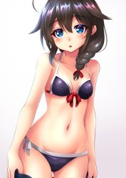 Rule 34 | 1girl, absurdres, ahoge, bikini, black hair, blue eyes, braid, breasts, chestnut mouth, collarbone, commentary request, cowboy shot, front-tie top, gluteal fold, gradient background, hair flaps, hair ornament, hair over shoulder, highres, kantai collection, looking at viewer, makura (y makura), navel, plaid, plaid bikini, shigure (kancolle), shigure kai ni (kancolle), side-tie bikini bottom, single braid, small breasts, solo, swimsuit, undressing, white background