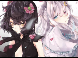 Rule 34 | 2girls, black dress, black hair, blue eyes, blue ribbon, bow, brown eyes, capelet, closed mouth, color switch, colored eyelashes, crescent, crescent hair ornament, demon horns, dress, frilled capelet, frills, hair between eyes, hair bow, hair ornament, heterochromia, highres, hiko (zem n), horns, kudou chitose, letterboxed, looking at viewer, multiple girls, nijisanji, parted lips, petals, red bow, red eyes, ribbon, sleeveless, sleeveless dress, striped, striped bow, two side up, virtual youtuber, white capelet, white dress, white hair, yuzuki roa