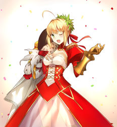 Rule 34 | 10s, 1girl, :d, ahoge, blonde hair, blush, breasts, cleavage, epaulettes, fate/extra, fate (series), fingerless gloves, fuyuki (neigedhiver), gauntlets, gloves, green eyes, highres, looking at viewer, nero claudius (fate), nero claudius (fate) (all), nero claudius (fate/extra), one eye closed, open mouth, panties, puffy sleeves, see-through, simple background, smile, solo, standing, underwear, white background, wreath