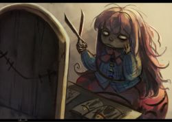 Rule 34 | 1girl, blue shirt, bow, bubble skirt, commentary request, drawing (object), hata no kokoro, koto inari, letterboxed, long hair, pink hair, pink skirt, scissors, shirt, skirt, solo, touhou