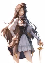 Rule 34 | 1girl, alternate costume, bow, bowtie, breasts, brown hair, buttons, corset, dominique de sade, frilled shirt collar, frills, hand on own hip, hat, highres, holding, holding sword, holding weapon, long hair, long sleeves, looking at viewer, medium breasts, mini hat, parted bangs, puffy sleeves, shirt, skirt, solo, steampunk, sword, upper body, vanitas no carte, weapon, white shirt, white skirt, yellow eyes, zieru
