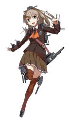 Rule 34 | 10s, 1girl, aqua eyes, bag, brown hair, cannon, full body, hair ornament, kantai collection, konishi (koconatu), kumano (kancolle), looking at viewer, official art, personification, ponytail, school uniform, skirt, solo, thighhighs, transparent background, weapon