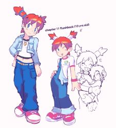Rule 34 | 1boy, 1girl, absurdres, aged down, blue eyes, blue overalls, closed mouth, denim, full body, highres, jeans, jewelry, looking at viewer, natsume (saru getchu), navel, necklace, open mouth, orange hair, overalls, pants, saru getchu, saru jia, shoes, short hair, short twintails, simple background, smile, sneakers, specter (saru getchu), twintails, white background