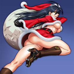 Rule 34 | 1girl, aozoraichi, ass, black hair, boots, breasts, censored, character request, cleats, high heels, highres, large breasts, long hair, no panties, original, pussy, sack, santa costume, shoes, smile, solo, underboob, yellow eyes