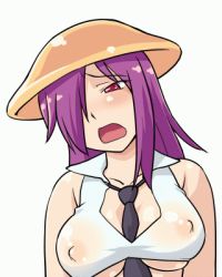 Rule 34 | 1girl, animated, animated gif, bouncing breasts, breasts, covered erect nipples, hair over one eye, hat, hinemosu notari, large breasts, long hair, lowres, mushroom, necktie, nipples, purple hair, red eyes, solo