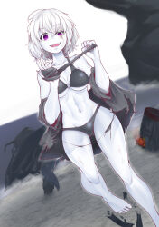 Rule 34 | 1girl, abyssal ship, bandaged hand, bandages, barefoot, beach, bikini, black bikini, commentary request, dutch angle, feet, fingernails, foot out of frame, half-closed eye, highres, injury, jacket, kantai collection, kutinasi madara, looking at viewer, navel, no tail, o-ring, o-ring top, open mouth, pale skin, purple eyes, re-class battleship, sharp fingernails, sharp teeth, short hair, smile, solo, swimsuit, teeth, toenails, toes, torn clothes, torn jacket, water, white background, white hair, wreckage