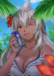 Rule 34 | 1girl, :d, ahoge, bikini, bikini top only, breasts, can, chao (chaoticalien), cleavage, dark-skinned female, dark skin, flower, granblue fantasy, hair flower, hair ornament, highres, large breasts, long hair, looking at viewer, open mouth, orange eyes, palm leaf, smile, solo, swimsuit, very long hair, white bikini, white hair, zooey (granblue fantasy), zooey (summer) (granblue fantasy)