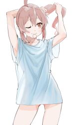 Rule 34 | 1girl, ahoge, arm behind head, armpits, arms up, bare arms, blue shirt, brown eyes, collarbone, commentary, cowboy shot, genderswap, genderswap (mtf), gluteal fold, hair between eyes, hair tie in mouth, highres, long sleeves, looking away, looking to the side, mouth hold, naka1379, no pants, one eye closed, onii-chan wa oshimai!, oversized clothes, oyama mahiro, pink hair, ponytail, see-through silhouette, shirt, short sleeves, simple background, solo, standing, t-shirt, tying hair, white background