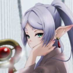 Rule 34 | 1girl, blurry, blurry background, dangle earrings, drop earrings, earrings, elf, expressionless, frieren, genya (genya67), green eyes, grey hair, hand on own face, happy new year, japanese clothes, jewelry, kimono, mage staff, new year, parted bangs, pointy ears, solo, sousou no frieren, staff, turning head