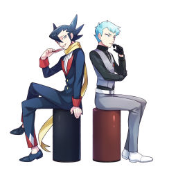 Rule 34 | 2boys, aqua hair, archer (pokemon), belt, black gloves, black hair, buttons, card, commentary request, creatures (company), crossed legs, game freak, gloves, grey pants, grey vest, grimsley (pokemon), hand up, holding, holding card, jacket, long sleeves, looking at viewer, male focus, momoji (lobolobo2010), multiple boys, nintendo, pants, playing card, pokemon, pokemon bw, pokemon lgpe, scarf, shoes, sitting, smile, vest, yellow scarf