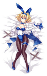 Rule 34 | 1girl, alice margatroid, alternate costume, animal ears, black pantyhose, blonde hair, blue eyes, bow, bowtie, breasts, bridal garter, cleavage, detached collar, earrings, gloves, hat, high heels, highres, jewelry, large breasts, leotard, looking at viewer, lying, on back, pantyhose, playboy bunny, rabbit ears, short hair, solo, string, top hat, touhou, touya (the-moon), white gloves
