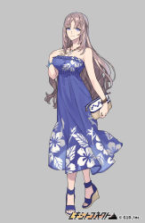 Rule 34 | 1girl, bag, bare shoulders, blue dress, blue eyes, bracelet, breasts, brown hair, company name, copyright name, dress, floral print, full body, grey background, handbag, jewelry, long hair, looking at viewer, medium breasts, necklace, official art, pota (bluegutty), reki connect, sandals, simple background, solo, standing, tachi-e, tokugawa fumika, watermark