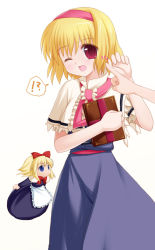 Rule 34 | 1girl, ;d, alice margatroid, apron, blonde hair, blue dress, blush, book, capelet, cowboy shot, doll, dress, female focus, flying, full body, grimoire, highres, maroppe, necktie, one eye closed, open mouth, pink necktie, red eyes, shanghai doll, short hair, simple background, size difference, smile, solo, standing, touhou, waist apron, white background