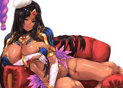 Rule 34 | 1girl, aqua eyes, arm wrap, armlet, armor, bandaged arm, bandages, bikini armor, black hair, blue armor, blush, breastplate, breasts, circlet, cleavage, commentary request, couch, curvy, dark-skinned female, dark skin, fate/grand order, fate (series), feathers, forehead jewel, hat, hayama kazusa, highres, large breasts, legs, long hair, looking at viewer, navel, parted bangs, parted lips, pauldrons, scheherazade (fate), shoulder armor, simple background, smile, solo, thighs, very long hair, white background