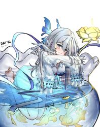 Rule 34 | 1girl, absurdres, arknights, blue dress, blue eyes, blue petals, blue ribbon, blush, breasts, cleavage, commentary request, dated, dress, fish, fishbowl, gaoling gangqin, goldfish, grey hair, hair between eyes, hair petal, highres, in bowl, in container, long hair, long sleeves, looking at viewer, medium breasts, mulberry (arknights), mulberry (reflection that of the moons) (arknights), official alternate costume, partially submerged, ribbon, see-through, see-through sleeves, simple background, sleeves past fingers, sleeves past wrists, smile, solo, very long hair, very long sleeves, white background, white hair