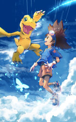 Rule 34 | 1boy, absurdres, agumon, blue footwear, blue shirt, brown eyes, brown hair, brown shorts, bug, butterfly, child, chromatic aberration, cloud, digimon, digimon (creature), digimon adventure, dinosaur, floating, gloves, goggles, goggles on head, green eyes, highres, insect, lamyar, male focus, midriff peek, open mouth, sharp teeth, shirt, shoes, shooting star, short sleeves, shorts, sneakers, socks, spiked hair, teeth, white gloves, white socks, yagami taichi