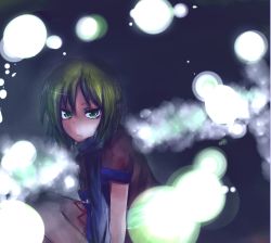 Rule 34 | 1girl, bad id, bad pixiv id, black background, blonde hair, expressionless, female focus, glowing, green eyes, green hair, looking at viewer, matching hair/eyes, minetani, mizuhashi parsee, short hair, short sleeves, simple background, solo, touhou, upper body