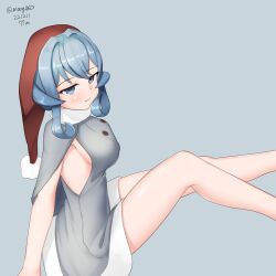 Rule 34 | 1girl, absurdres, adapted costume, blue eyes, blue hair, breasts, coat, feet out of frame, fur-trimmed headwear, fur trim, gotland (kancolle), grey background, grey coat, hat, highres, kantai collection, long hair, maru (marg0613), medium breasts, mole, mole under eye, naked robe, one-hour drawing challenge, red hat, robe, santa hat, sideboob, sidelocks, simple background, sitting, solo, twitter username