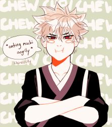 Rule 34 | 1boy, artist name, bakugou katsuki, black shirt, blonde hair, boku no hero academia, cheek bulge, chewing, claireiosity, closed mouth, collarbone, crossed arms, english text, eyebrows, food in mouth, green background, hair between eyes, highres, light blush, long sleeves, male focus, pale skin, red eyes, shirt, short hair, sleeves rolled up, solo, solo focus, sound effects, speech bubble, spiked hair, twitter username, watermark