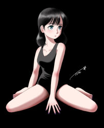 Rule 34 | 1girl, aqua eyes, black background, black hair, black one-piece swimsuit, black theme, chutohampa, collarbone, full body, highres, looking to the side, medium hair, nail polish, one-piece swimsuit, original, parted lips, purple nails, signature, simple background, sitting, solo, swimsuit, toenail polish, toenails, wariza
