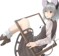 Rule 34 | 1girl, animal ears, black footwear, black skirt, black vest, blush, bobby socks, breasts, brown eyes, framed, from side, grey hair, hair between eyes, highres, jewelry, legs together, long sleeves, looking at viewer, looking to the side, mouse ears, mouse tail, nazrin, netamaru, parted lips, pendant, picture frame, shoes, skirt, small breasts, socks, solo, tail, touhou, vest, white socks
