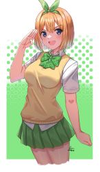 Rule 34 | 1girl, 2022, :d, as4gi, blonde hair, blue eyes, blush, bow, bowtie, breasts, collared shirt, cowboy shot, cropped legs, dated, go-toubun no hanayome, green bow, green bowtie, green hairband, green skirt, hair between eyes, hair bow, hairband, highres, looking at viewer, medium breasts, miniskirt, nakano yotsuba, open mouth, plaid, plaid bow, plaid bowtie, pleated skirt, salute, school uniform, shiny skin, shirt, short hair, short sleeves, signature, skirt, smile, solo, standing, sweater, sweater vest, white shirt, wing collar, yellow sweater