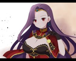 Rule 34 | 1girl, breasts, cape, capelet, cleavage, earrings, fire emblem, fire emblem echoes: shadows of valentia, gloves, jewelry, large breasts, letterboxed, long hair, nintendo, purple hair, red eyes, shira yu ki, solo, sonya (fire emblem gaiden), tiara, upper body