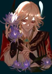 Rule 34 | 1boy, black gloves, blonde hair, blue background, cape, closed mouth, earrings, elbow gloves, feather hair ornament, feathers, fingerless gloves, flower, genshin impact, gloves, gold trim, hair between eyes, hair ornament, hand up, highres, holding, holding flower, jewelry, kaveh (genshin impact), leaf, long sleeves, looking down, male focus, mandarin collar, puffy long sleeves, puffy sleeves, purple flower, red cape, red eyes, ring, shirt, short hair, simple background, solo, tubakkkki65, upper body, white shirt