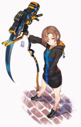 Rule 34 | 1girl, bare legs, black dress, black footwear, brown hair, charm (object), dress, earrings, hand in pocket, head tilt, highres, holding, holding scythe, holding weapon, hood, hood down, jewelry, kotoribako, long hoodie, long sleeves, looking at viewer, no socks, original, parted bangs, parted lips, pavement, puffy sleeves, scythe, sett, shadow, shoes, short hair, sidelocks, simple background, sneakers, solo, standing, stuffed animal, stuffed toy, teddy bear, thighs, weapon, white background, yellow eyes
