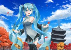 1girl :d autumn_leaves black_skirt black_sleeves black_thighhighs blue_eyes blue_hair blue_nails blue_sky cloud collared_shirt cowboy_shot day detached_sleeves dress_shirt female_focus floating_hair grey_shirt hair_between_eyes hatsune_miku highres leaf long_hair long_sleeves looking_at_viewer maple_leaf miniskirt nail_polish nekoreito open_mouth outdoors pleated_skirt shirt skirt sky sleeveless sleeveless_shirt smile solo standing thighhighs very_long_hair vocaloid wing_collar zettai_ryouiki