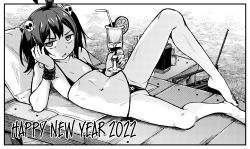 Rule 34 | 1girl, ahoge, barefoot, beach towel, bikini, champagne flute, cup, drinking glass, drinking straw, unworn eyewear, flat chest, food, fruit, geewhy, greyscale, hair ornament, happy new year, highres, holding, holding removed eyewear, looking at viewer, lying, medium hair, micro bikini, mole, mole under mouth, monochrome, nail polish, new year, on back, orange (fruit), orange slice, original, parted lips, reclining, skull hair ornament, solo, spread legs, swimsuit, towel, twintails