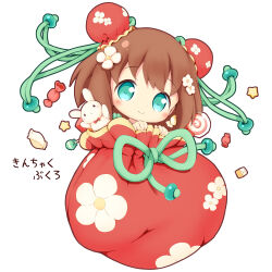 Rule 34 | 1girl, aikei ake, blue eyes, brown hair, bun cover, candy, candy wrapper, chibi, double bun, flower, food, full body, hair bun, hair flower, hair ornament, highres, lollipop, looking at viewer, original, personification, pouch, simple background, solo, star (symbol), stuffed animal, stuffed rabbit, stuffed toy, swirl lollipop, translation request, white background, white flower