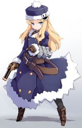Rule 34 | 1girl, black pantyhose, blonde hair, blue coat, blue eyes, blue hat, blush, boots, brown footwear, bullet, closed mouth, coat, commentary request, etrian odyssey, full body, fur-trimmed coat, fur-trimmed headwear, fur-trimmed sleeves, fur trim, gradient background, grey background, gun, gunner (sekaiju), handgun, hat, highres, holding, holding bullet, holding gun, holding weapon, karukan (monjya), long hair, long sleeves, looking at viewer, pantyhose, solo, standing, v-shaped eyebrows, weapon, white background