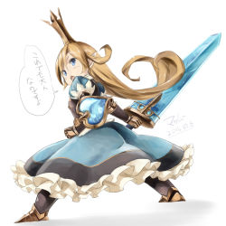 Rule 34 | 10s, 1girl, armor, armored boots, blue dress, boots, breastplate, charlotta (granblue fantasy), crown, dress, frilled dress, frills, from behind, full body, granblue fantasy, harvin, harvin, long hair, looking back, masamuuu, nanodesu (phrase), pointy ears, puffy short sleeves, puffy sleeves, shield, short sleeves, simple background, solo, speech bubble, standing, sword, weapon, white background